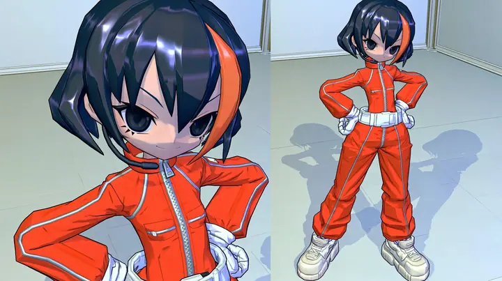 Full body front view of the same 3D anime video game heroine as the reference, a grown woman with ADULT proportions: a slim tall figure, long legs, her head about one seventh of her height; a glossy faceted black bob…