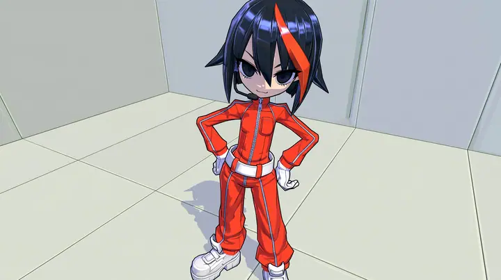 Full body front view of the same 3D anime video game heroine as the reference, a grown woman with ADULT proportions: a slim tall figure, long legs, her head about one seventh of her height; a glossy faceted black bob…