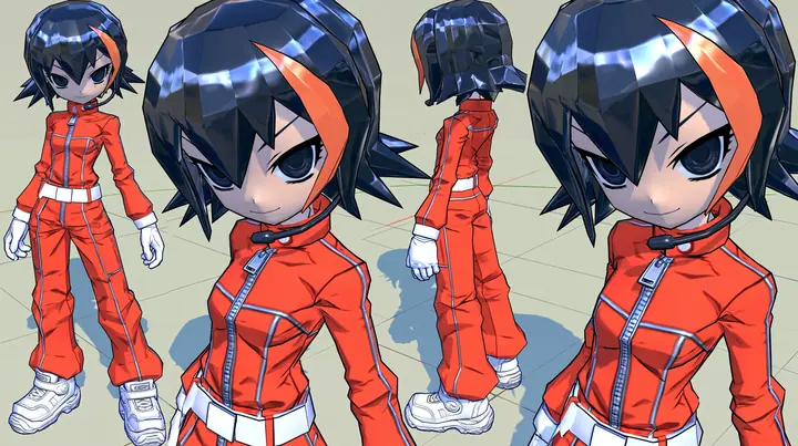 Character turnaround sheet of the same 3D anime video game heroine as the reference, a grown woman with ADULT proportions: a slim tall figure, long legs, her head about one seventh of her height; a glossy faceted…