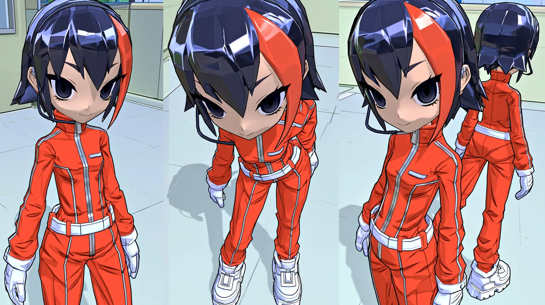 Character turnaround sheet of the same 3D anime video game heroine as the reference, a grown woman with ADULT proportions: a slim tall figure, long legs, her head about one seventh of her height; a glossy faceted…
