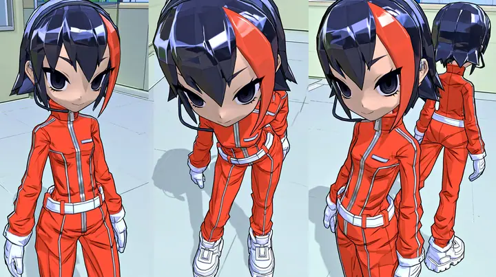 Character turnaround sheet of the same 3D anime video game heroine as the reference, a grown woman with ADULT proportions: a slim tall figure, long legs, her head about one seventh of her height; a glossy faceted…