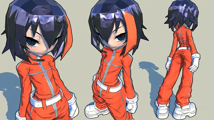 Character turnaround sheet of the same 3D anime video game heroine as the reference, a grown woman with ADULT proportions: a slim tall figure, long legs, her head about one seventh of her height; a glossy faceted…