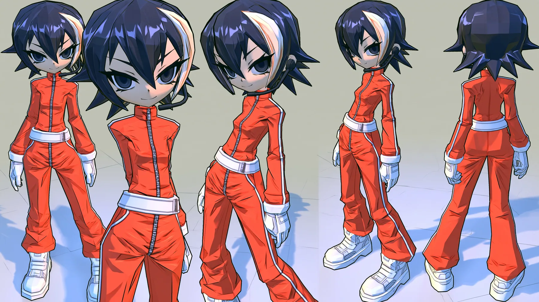 Character turnaround sheet of the same 3D anime video game heroine as the reference, a grown woman with ADULT proportions: a slim tall figure, long legs, her head about one seventh of her height; a glossy faceted…