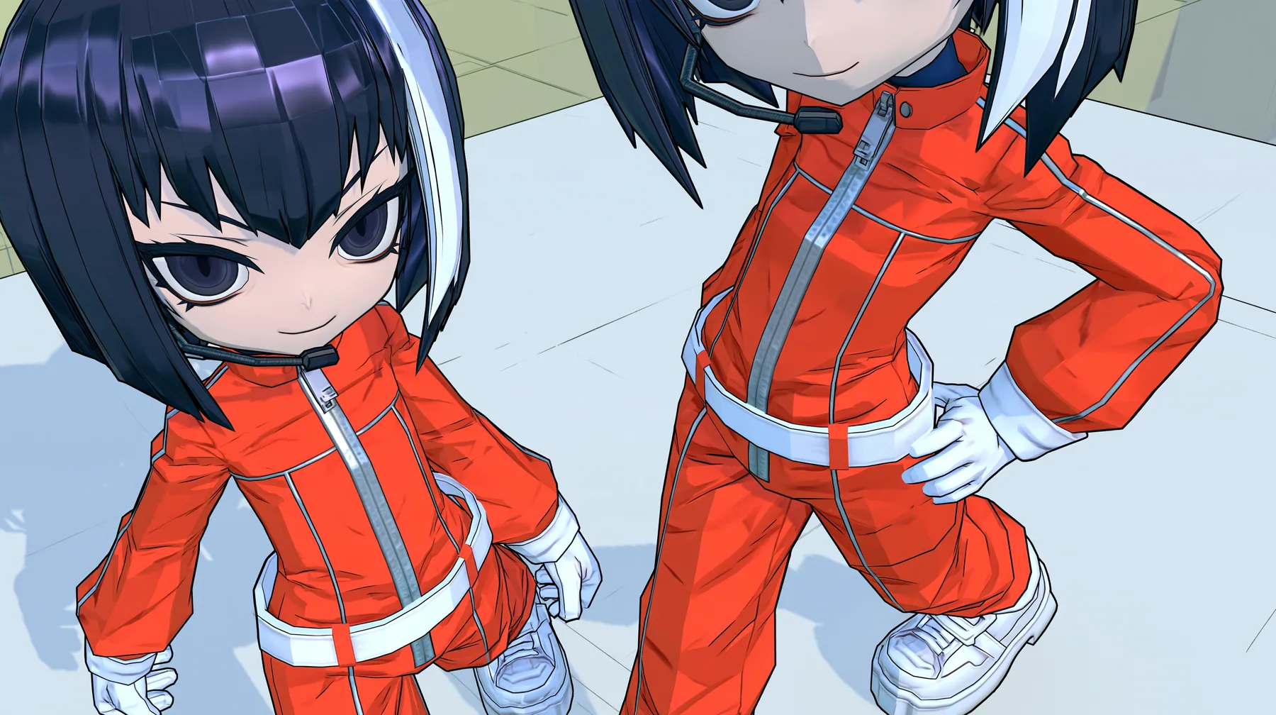 Full body three-quarter view of the same 3D anime video game heroine as the reference, a grown woman with ADULT proportions: a slim tall figure, long legs, her head about one seventh of her height; a glossy faceted…