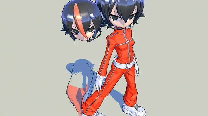 Full body three-quarter view of the same 3D anime video game heroine as the reference, a grown woman with ADULT proportions: a slim tall figure, long legs, her head about one seventh of her height; a glossy faceted…