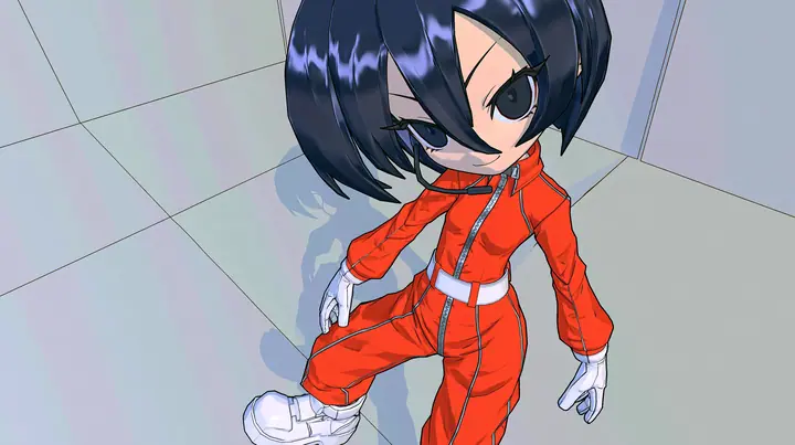 Full body three-quarter view of the same 3D anime video game heroine as the reference, a grown woman with ADULT proportions: a slim tall figure, long legs, her head about one seventh of her height; a glossy faceted…