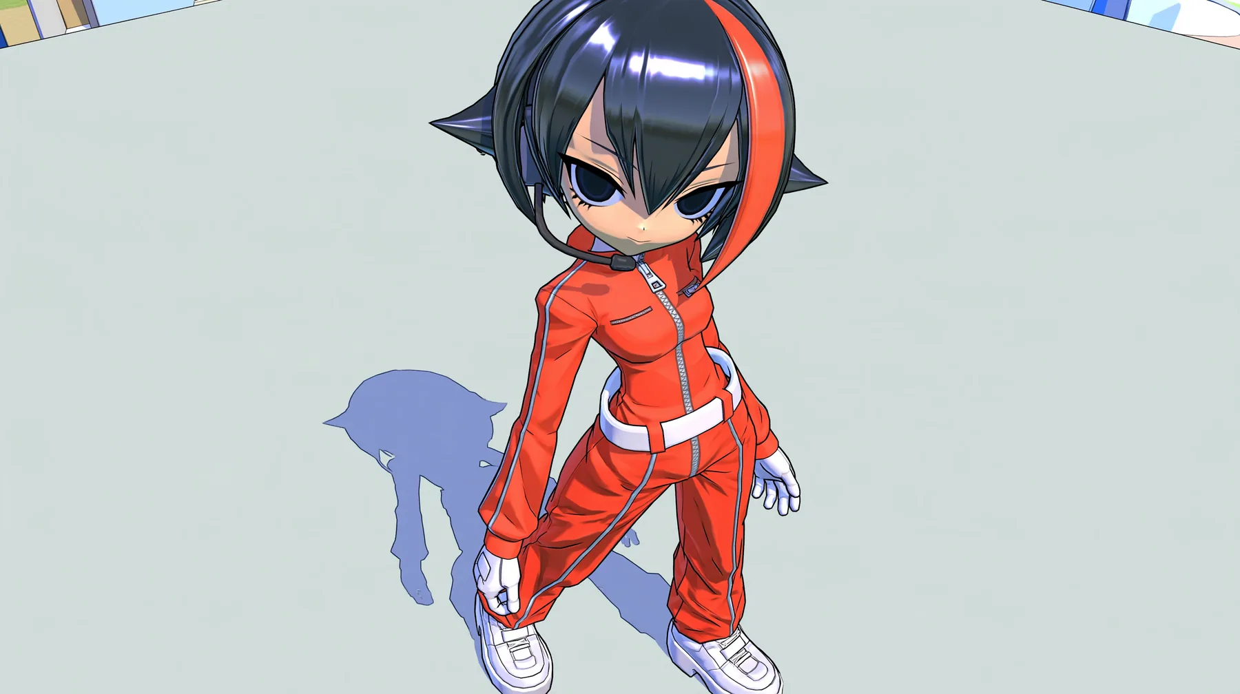 Full body three-quarter view of the same 3D anime video game heroine as the reference, a grown woman with ADULT proportions: a slim tall figure, long legs, her head about one seventh of her height; a glossy faceted…