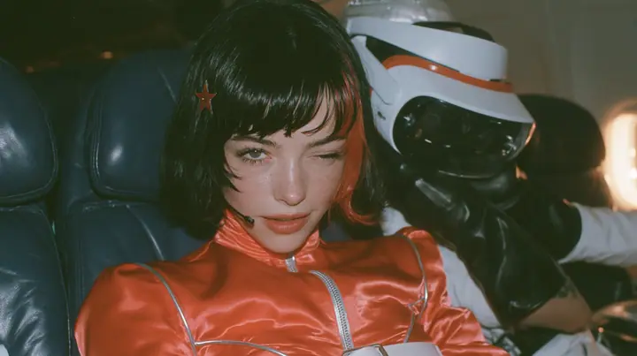 Close-up film still: a Caucasian woman in her early thirties with an angular adult face, pale freckled skin, a glossy black blunt bob with heavy bangs and one clay-orange streak, a small orange star hair clip, a thin…