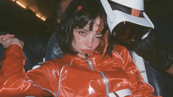 Close-up film still: a Caucasian woman in her early thirties with an angular adult face, pale freckled skin, a glossy black blunt bob with heavy bangs and one clay-orange streak, a small orange star hair clip, a thin…
