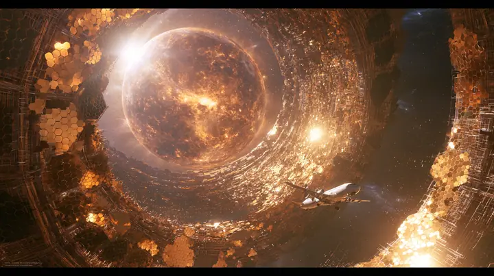 Epic space shot: a huge blazing star being enclosed by a Dyson swarm of thousands of golden hexagonal panels assembling around it in rings and arcs, a small white airliner hanging in space in the foreground, warm…