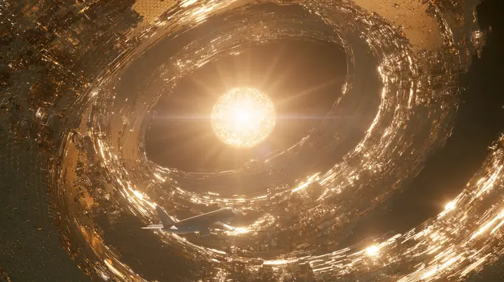 Epic space shot: a huge blazing star being enclosed by a Dyson swarm of thousands of golden hexagonal panels assembling around it in rings and arcs, a small white airliner hanging in space in the foreground, warm…