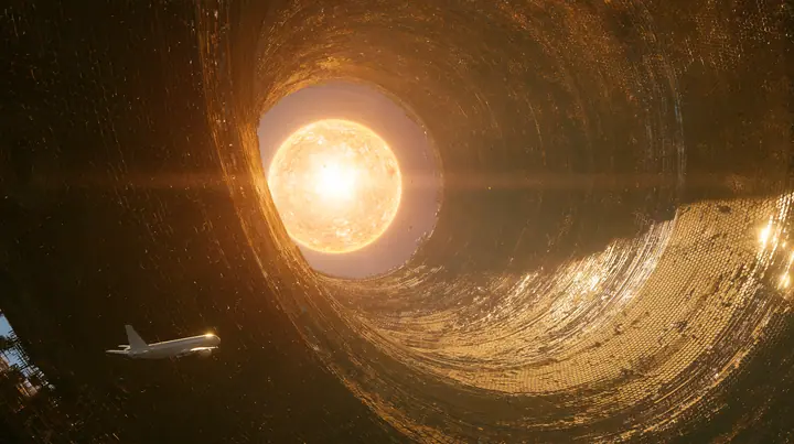 Epic space shot: a huge blazing star being enclosed by a Dyson swarm of thousands of golden hexagonal panels assembling around it in rings and arcs, a small white airliner hanging in space in the foreground, warm…