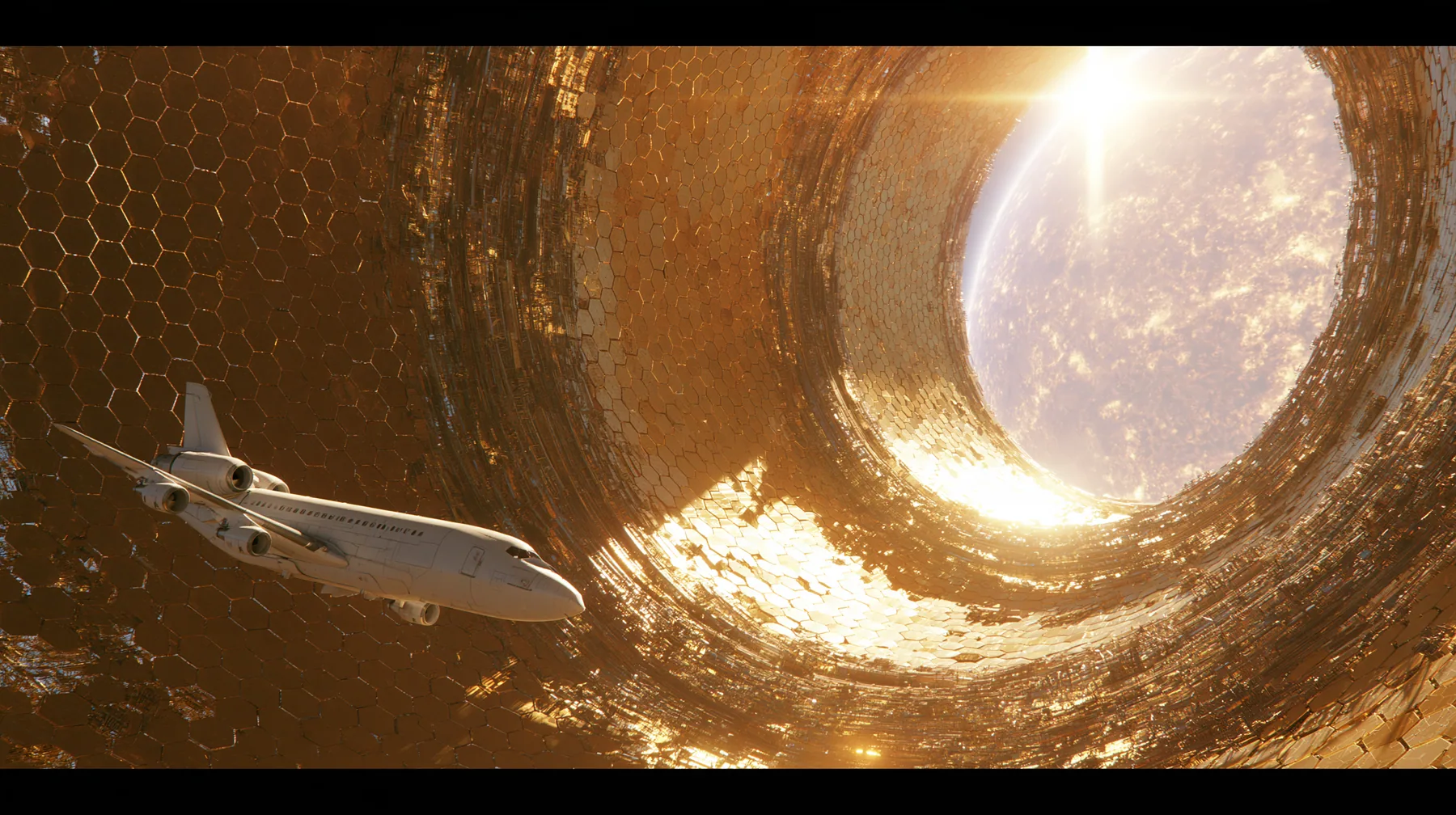 Epic space shot: a huge blazing star being enclosed by a Dyson swarm of thousands of golden hexagonal panels assembling around it in rings and arcs, a small white airliner hanging in space in the foreground, warm…