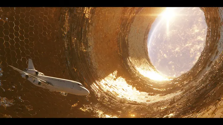 Epic space shot: a huge blazing star being enclosed by a Dyson swarm of thousands of golden hexagonal panels assembling around it in rings and arcs, a small white airliner hanging in space in the foreground, warm…