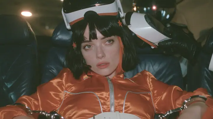 Cinematic close-up film still, night airliner cabin with navy leather seats, all of them empty: a Caucasian woman in her early thirties with an angular adult face, pale freckled skin, a glossy black blunt bob with…