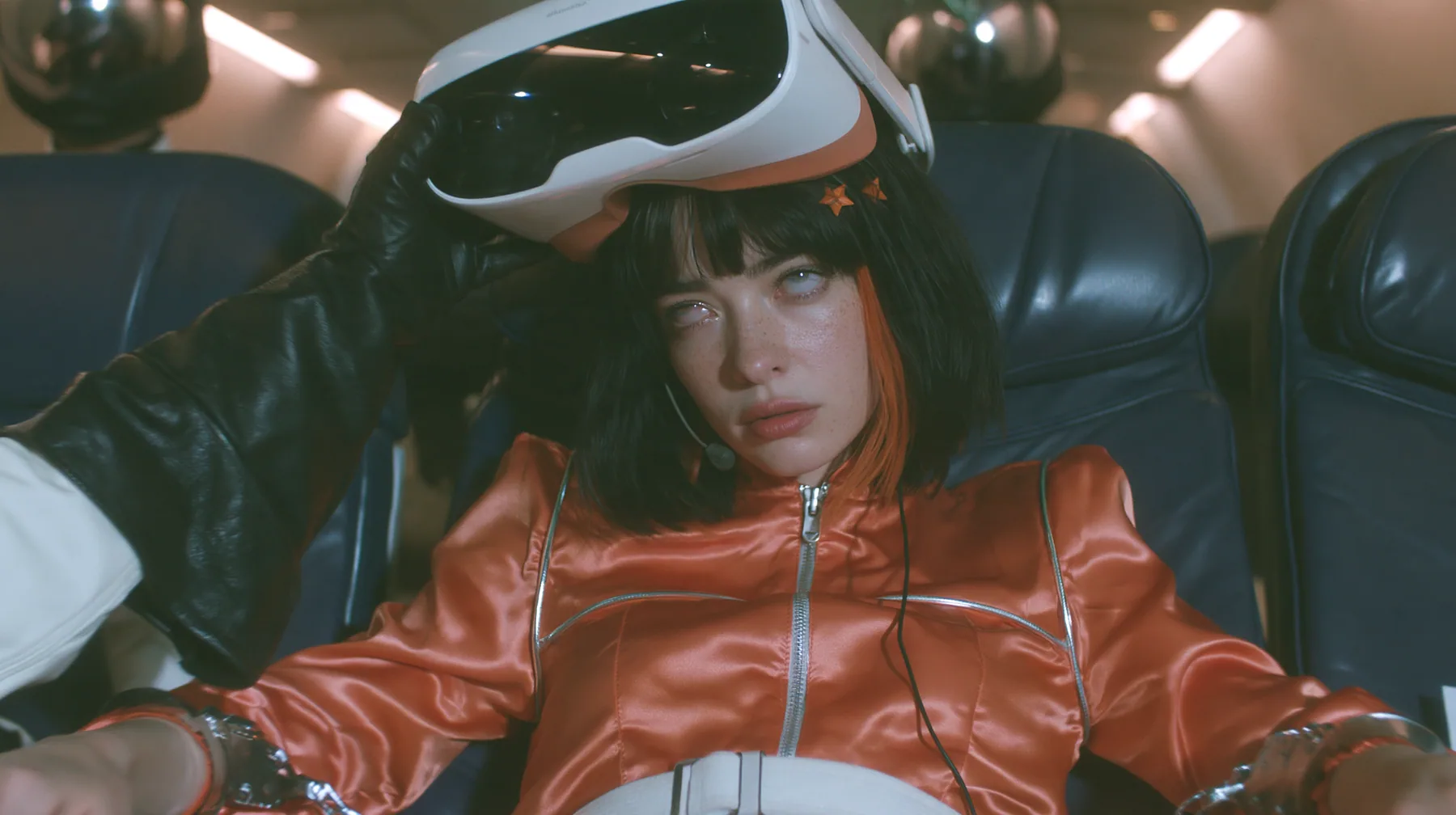 Cinematic close-up film still, night airliner cabin with navy leather seats, all of them empty: a Caucasian woman in her early thirties with an angular adult face, pale freckled skin, a glossy black blunt bob with…