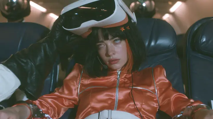 Cinematic close-up film still, night airliner cabin with navy leather seats, all of them empty: a Caucasian woman in her early thirties with an angular adult face, pale freckled skin, a glossy black blunt bob with…