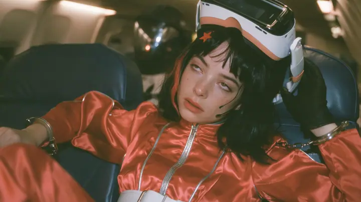 Cinematic close-up film still, night airliner cabin with navy leather seats, all of them empty: a Caucasian woman in her early thirties with an angular adult face, pale freckled skin, a glossy black blunt bob with…