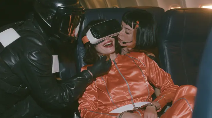 Cinematic film still, night airliner cabin with navy leather seats, all of them empty: a Caucasian woman in her early thirties with an angular adult face, pale freckled skin, a glossy black blunt bob with heavy bangs…