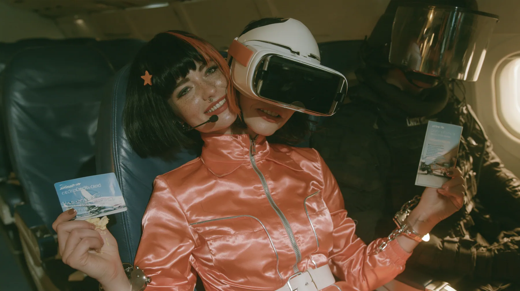 Cinematic film still, night airliner cabin with navy leather seats, all of them empty: a Caucasian woman in her early thirties with an angular adult face, pale freckled skin, a glossy black blunt bob with heavy bangs…