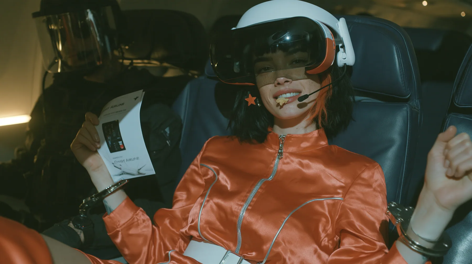 Cinematic film still, night airliner cabin with navy leather seats, all of them empty: a Caucasian woman in her early thirties with an angular adult face, pale freckled skin, a glossy black blunt bob with heavy bangs…