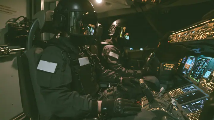 Cinematic film still inside a modern airliner cockpit at night: two guards in matte-black tactical gear and black helmets with mirrored visors hiding their faces, plain white chest patches, black gloves, sit in the…