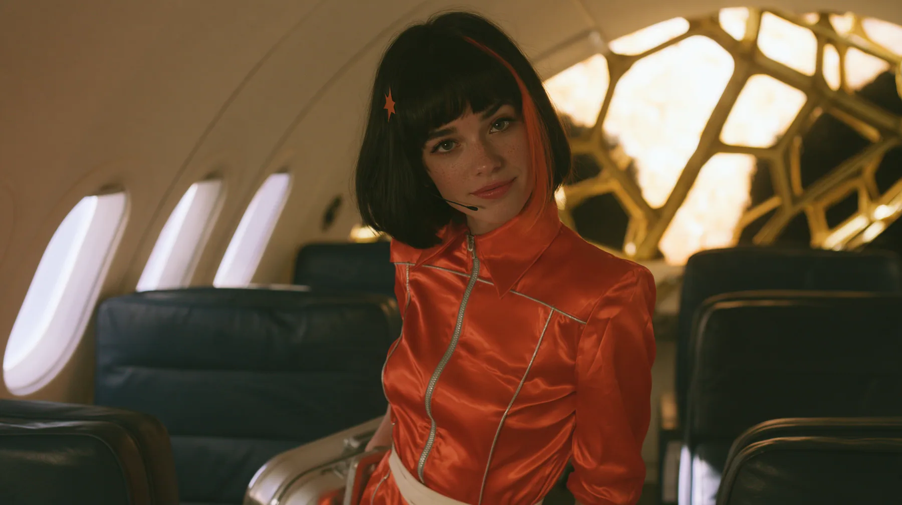 Cinematic film still: a Caucasian woman in her early thirties with an angular adult face, pale freckled skin, a glossy black blunt bob with heavy bangs and one clay-orange streak, a small orange star hair clip, a…