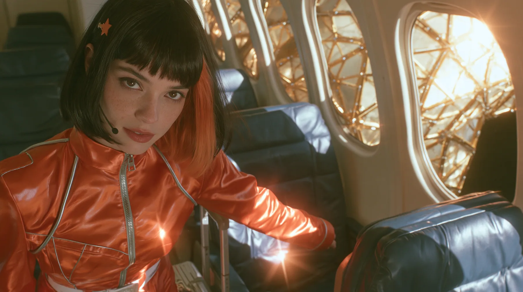 Cinematic film still: a Caucasian woman in her early thirties with an angular adult face, pale freckled skin, a glossy black blunt bob with heavy bangs and one clay-orange streak, a small orange star hair clip, a…