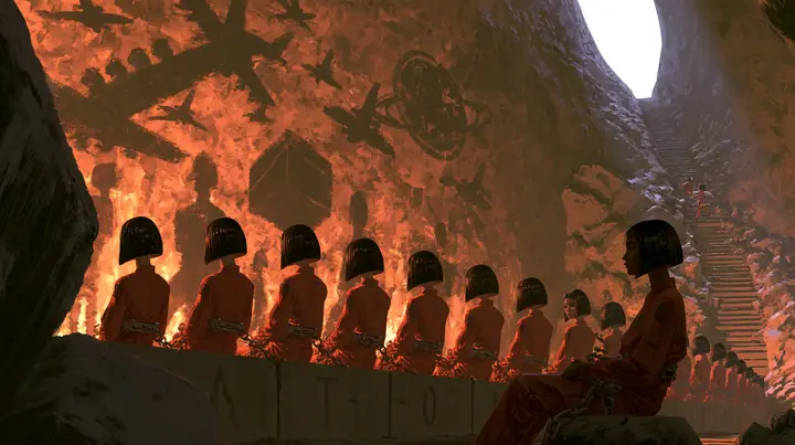 Cinematic wide shot inside Plato's cave: a row of young women with glossy black bobs in orange flight suits sit chained on a stone bench facing a rock wall, watching huge dancing shadows of airplanes, boxes and…