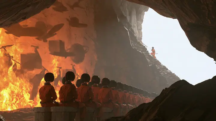 Cinematic wide shot inside Plato's cave: a row of young women with glossy black bobs in orange flight suits sit chained on a stone bench facing a rock wall, watching huge dancing shadows of airplanes, boxes and…