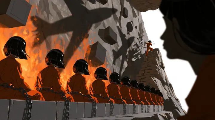 Cinematic wide shot inside Plato's cave: a row of young women with glossy black bobs in orange flight suits sit chained on a stone bench facing a rock wall, watching huge dancing shadows of airplanes, boxes and…