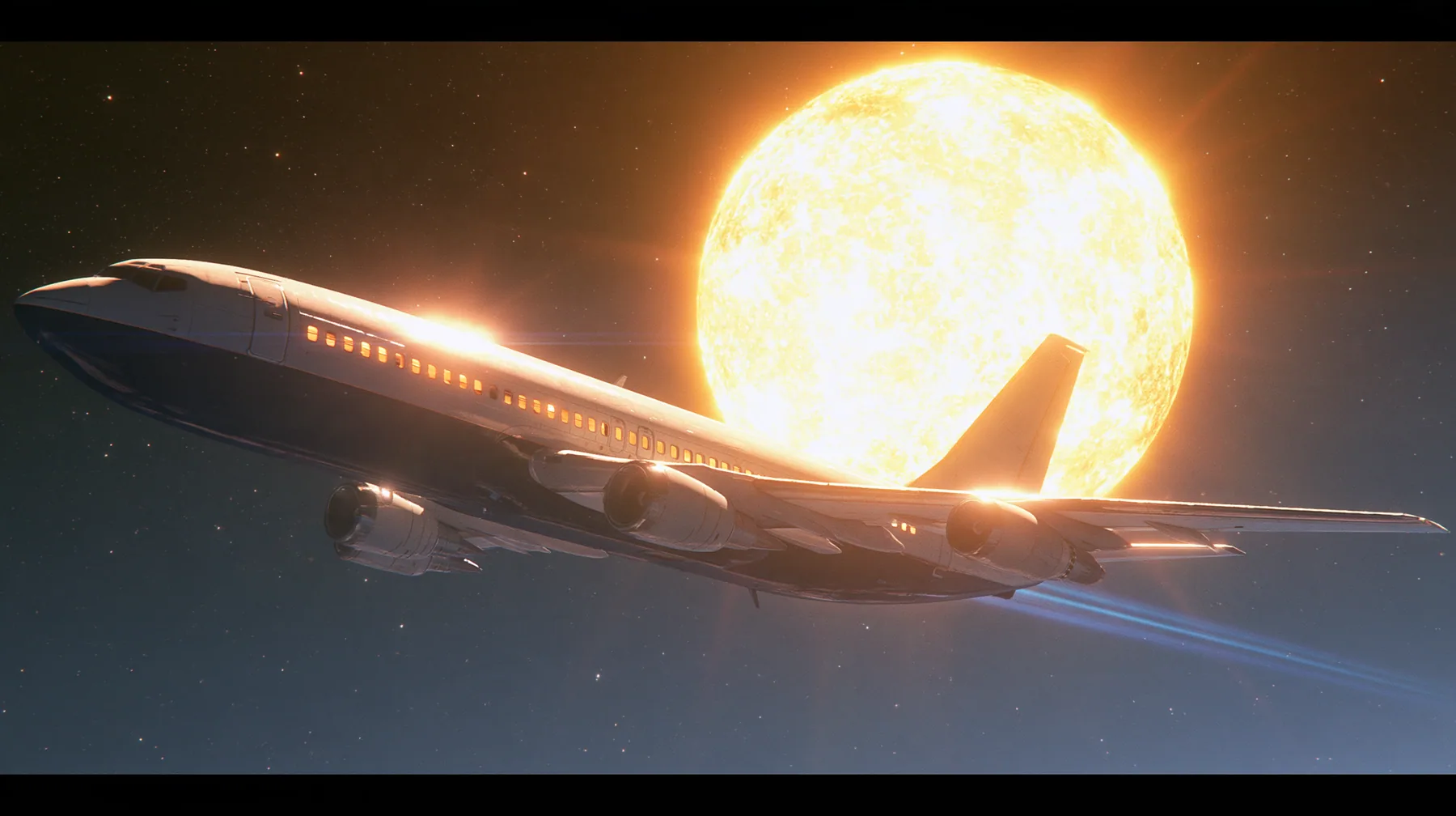 Cinematic exterior shot: a white airliner with a navy belly flying through deep space beside a huge blazing yellow-white star, its cabin windows lit, a faint blue trail behind it, distant stars, no text, no letters,…
