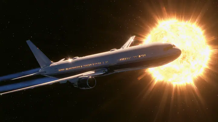 Cinematic exterior shot: a white airliner with a navy belly flying through deep space beside a huge blazing yellow-white star, its cabin windows lit, a faint blue trail behind it, distant stars, no text, no letters,…