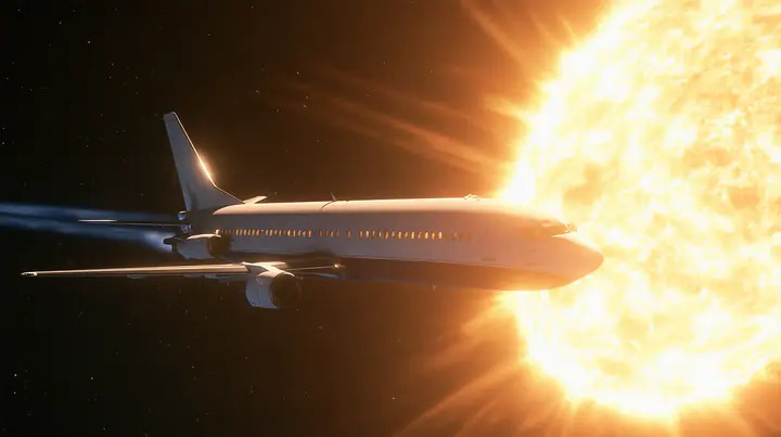 Cinematic exterior shot: a white airliner with a navy belly flying through deep space beside a huge blazing yellow-white star, its cabin windows lit, a faint blue trail behind it, distant stars, no text, no letters,…
