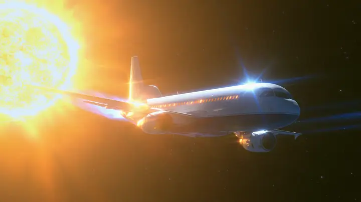 Cinematic exterior shot: a white airliner with a navy belly flying through deep space beside a huge blazing yellow-white star, its cabin windows lit, a faint blue trail behind it, distant stars, no text, no letters,…