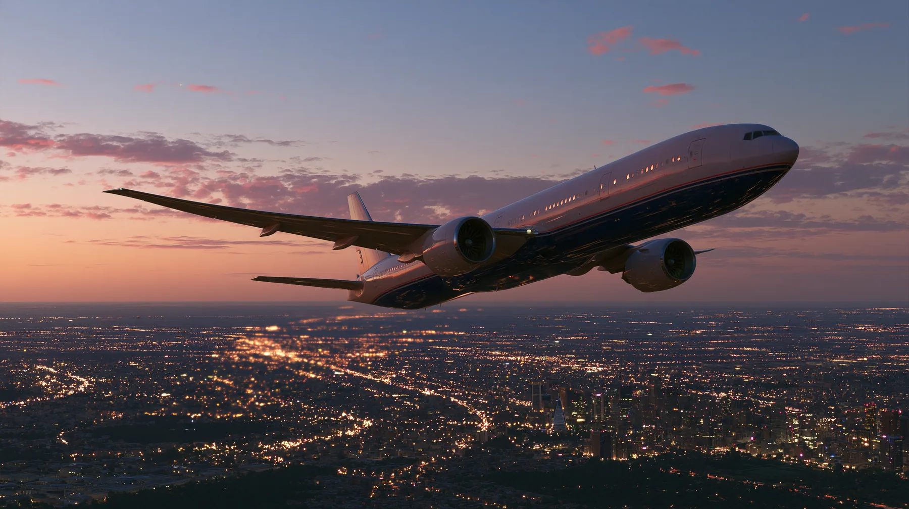 Cinematic exterior shot: a white airliner with a navy belly and a thin red and navy cheat-line climbing steeply out of a city at dusk, city lights below, pink and orange dusk sky, the camera slightly below and beside…