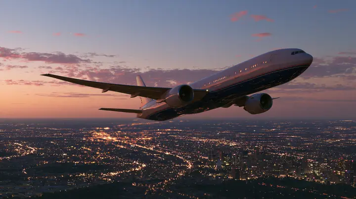 Cinematic exterior shot: a white airliner with a navy belly and a thin red and navy cheat-line climbing steeply out of a city at dusk, city lights below, pink and orange dusk sky, the camera slightly below and beside…
