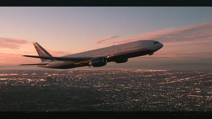 Cinematic exterior shot: a white airliner with a navy belly and a thin red and navy cheat-line climbing steeply out of a city at dusk, city lights below, pink and orange dusk sky, the camera slightly below and beside…