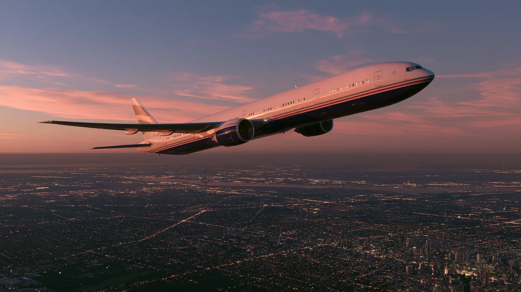 Cinematic exterior shot: a white airliner with a navy belly and a thin red and navy cheat-line climbing steeply out of a city at dusk, city lights below, pink and orange dusk sky, the camera slightly below and beside…