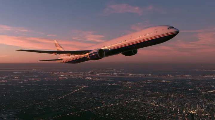 Cinematic exterior shot: a white airliner with a navy belly and a thin red and navy cheat-line climbing steeply out of a city at dusk, city lights below, pink and orange dusk sky, the camera slightly below and beside…