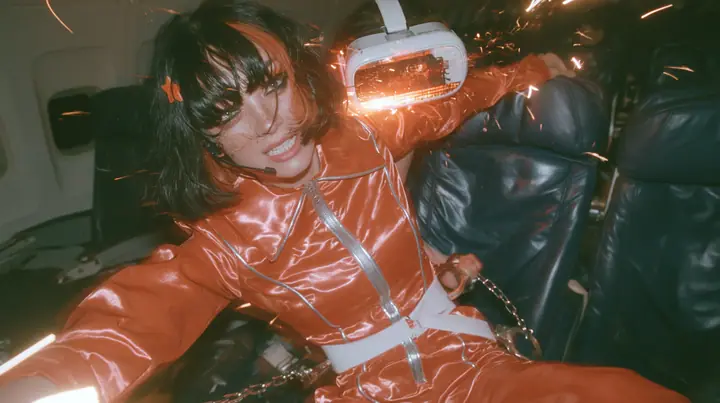 Intense cinematic film still, night airliner cabin with navy leather seats, all of them empty: a Caucasian woman in her early thirties with an angular adult face, pale freckled skin, a glossy black blunt bob with…
