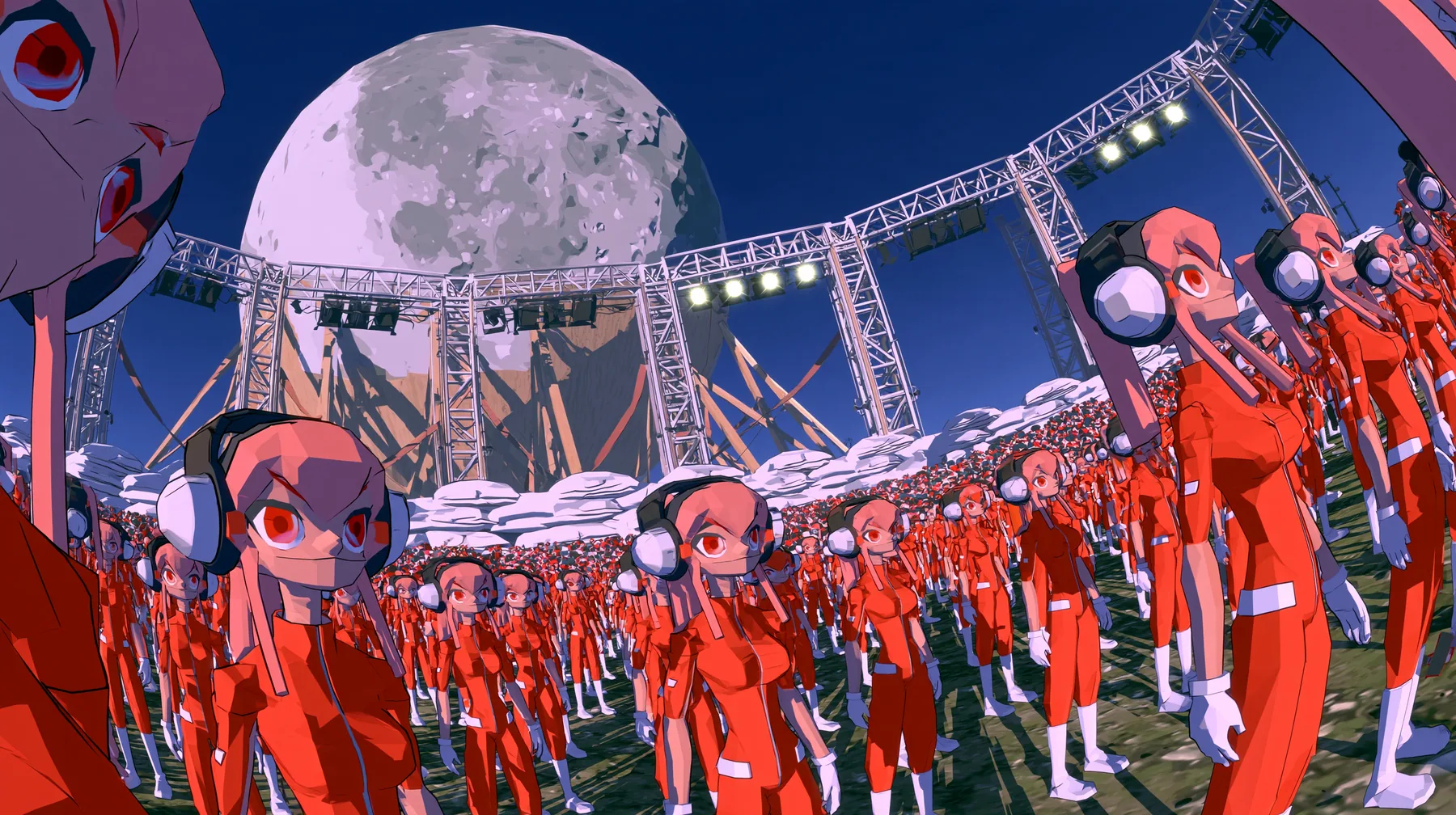 Epic low-angle wide shot from a crowd of a million tiny heroines in orange jumpsuits looking up at a colossal Moon that turns out to be a flat painted prop: its plywood back, giant wooden struts, sandbags and stage…