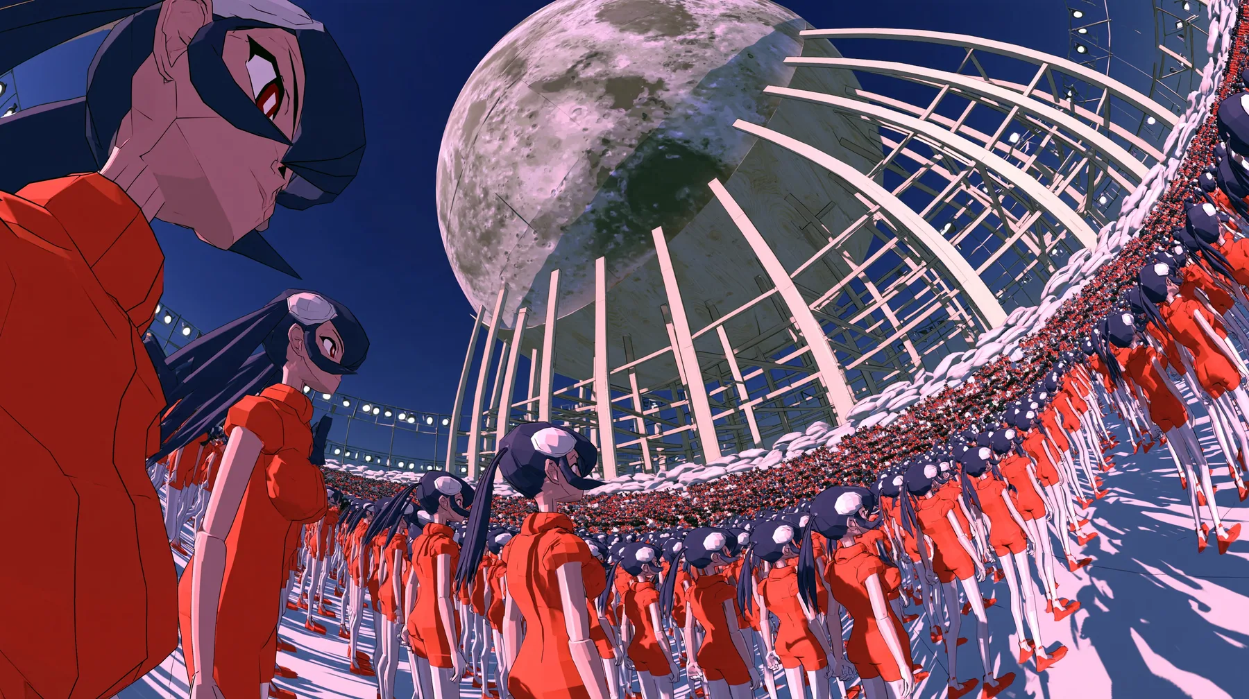 Epic low-angle wide shot from a crowd of a million tiny heroines in orange jumpsuits looking up at a colossal Moon that turns out to be a flat painted prop: its plywood back, giant wooden struts, sandbags and stage…