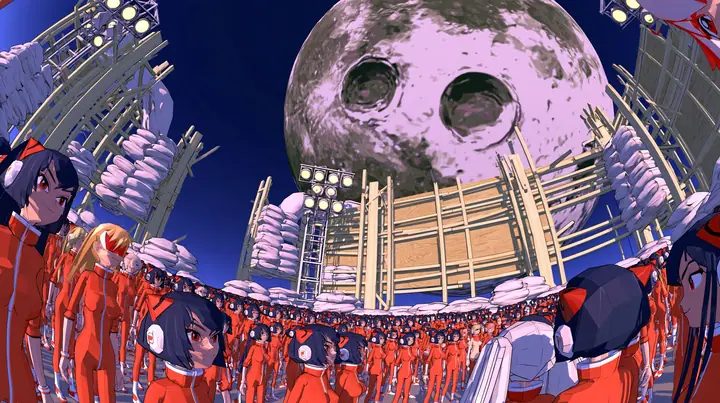 Epic low-angle wide shot from a crowd of a million tiny heroines in orange jumpsuits looking up at a colossal Moon that turns out to be a flat painted prop: its plywood back, giant wooden struts, sandbags and stage…