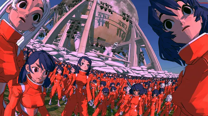 Epic low-angle wide shot from a crowd of a million tiny heroines in orange jumpsuits looking up at a colossal Moon that turns out to be a flat painted prop: its plywood back, giant wooden struts, sandbags and stage…