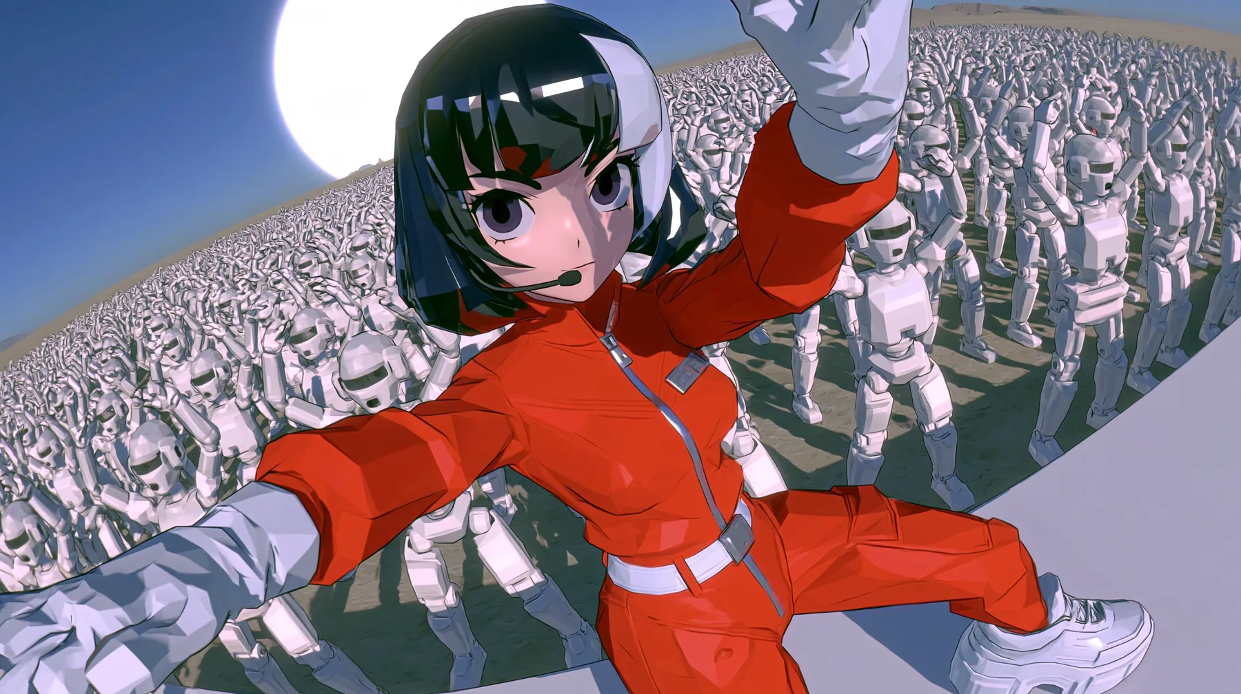 Epic extreme wide shot: a million white humanoid robots dancing joyfully in rows to the horizon on a desert plain under a gigantic blazing sun, arms up, and in front of them the 3D anime game heroine of the…