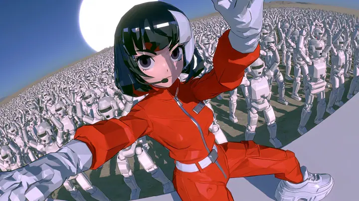 Epic extreme wide shot: a million white humanoid robots dancing joyfully in rows to the horizon on a desert plain under a gigantic blazing sun, arms up, and in front of them the 3D anime game heroine of the…