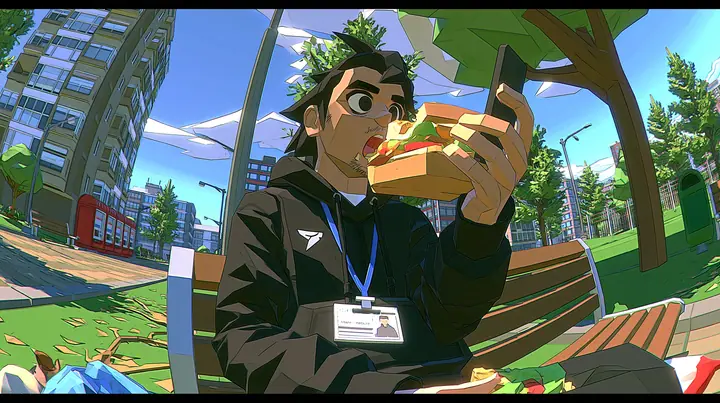 The same low-poly park scene as the reference: a young man in a black hoodie with a small white logo on the chest and a white staff ID badge on a blue lanyard sits on a park bench eating a big sandwich, holding up…