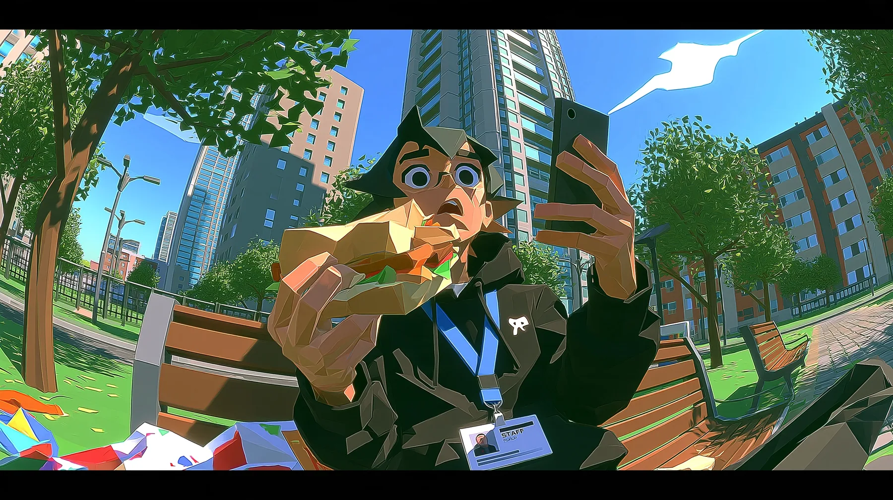 The same low-poly park scene as the reference: a young man in a black hoodie with a small white logo on the chest and a white staff ID badge on a blue lanyard sits on a park bench eating a big sandwich, holding up…