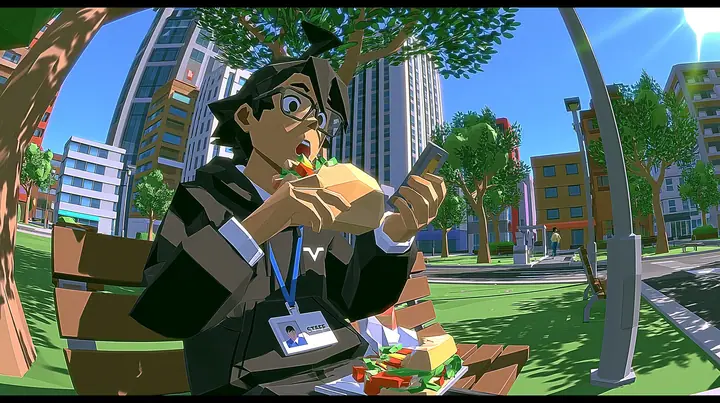 The same low-poly park scene as the reference: a young man in a black hoodie with a small white logo on the chest and a white staff ID badge on a blue lanyard sits on a park bench eating a big sandwich, holding up…